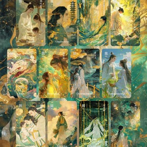 May include: A collection of illustrated oracle cards featuring scenes of people in traditional Asian attire. Each card has a unique title, such as "Family," "Opposition," and "Encountering." The artwork is rich in detail, with a color palette of greens, golds, and whites.