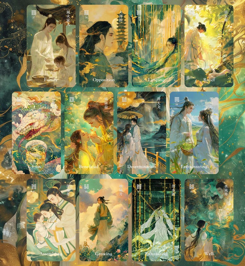 May include: A collection of illustrated oracle cards featuring scenes of people in traditional Asian attire. Each card has a unique title, such as "Family," "Opposition," and "Encountering." The artwork is rich in detail, with a color palette of greens, golds, and whites.