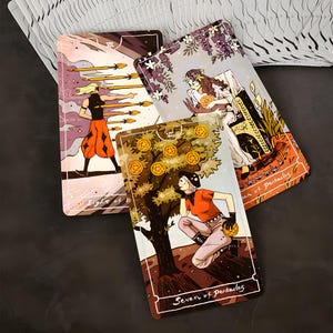 May include: Three tarot cards with colorful illustrations. The cards feature images of figures, trees, and symbols. The cards are labeled "Eight of Wands" and "Seven of Pentacles". The cards are part of a deck.