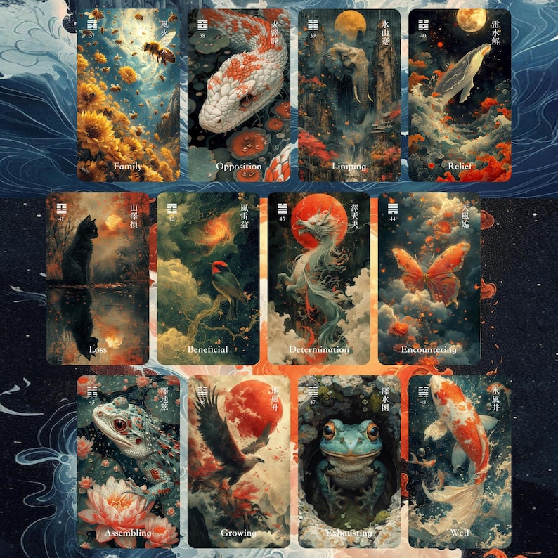 May include: A collection of twelve rectangular tarot cards featuring artistic illustrations of animals and nature, including a bee, snake, elephant, whale, cat, bird, dragon, butterfly, frog, eagle, and koi fish, each labelled with a unique title.