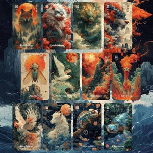 May include: A collection of twelve rectangular tarot cards featuring vibrant, detailed illustrations of animals and mythical creatures, including a wolf, dragon, peacock, and turtle, each labelled with English text and Chinese characters.