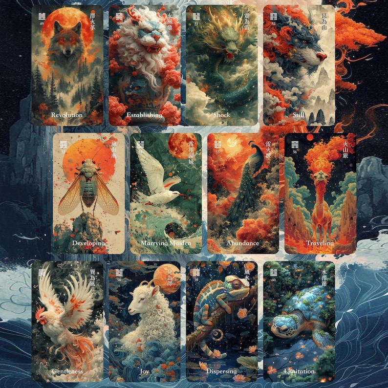 May include: A collection of twelve rectangular tarot cards featuring vibrant, detailed illustrations of animals and mythical creatures, including a wolf, dragon, peacock, and turtle, each labelled with English text and Chinese characters.