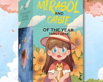 May include: A tarot deck box with the text "MIRASOL AND CAISIE" and "OF THE YEAR TAROT DECK." The box has a teal background with illustrations of a girl, sunflowers, and a cat. The box also says "80 CARDS WITH BOOK."