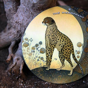May include: Circular artwork featuring a cheetah with a spotted coat, set against a yellow and green background. The text "THE HIEROPHANT" and the number "5" are visible. The artwork is surrounded by stylized floral elements.