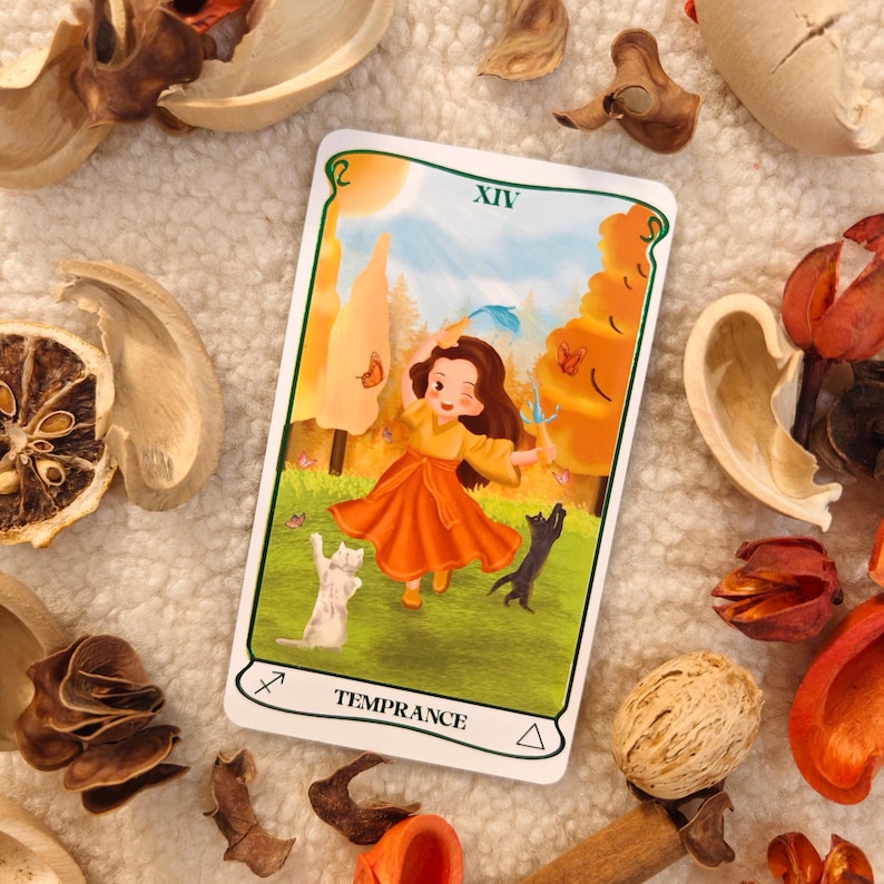 May include: A tarot card featuring a cartoon illustration of a woman in an orange dress with two cats. The card is labeled "TEMPERANCE" and has the Roman numeral XIV at the top. The background includes trees and a blue sky.