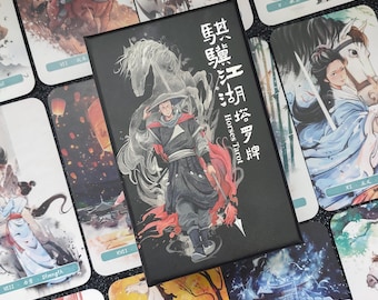 May include: A black tarot card box with the words "Horses Tarot" and Chinese characters. The box features an illustration of a person in traditional clothing with a spear and a white horse. The box is surrounded by tarot cards.