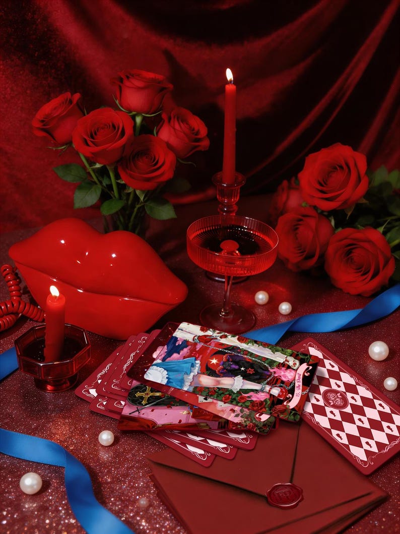 May include: A red ceramic lip-shaped container, a deck of tarot cards featuring a character in a blue dress, red roses, two red candles in glass holders, a red envelope with a wax seal, blue ribbons, and scattered white pearls on a red surface.