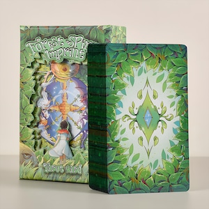 May include: A tarot card deck and box set. The box features the text "Forest Spirit Imprint" and a cutout design with illustrations of figures. The card backs have a green leaf design. The deck is green-edged.