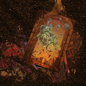 May include: A rectangular tarot card featuring a central arched doorway illustration with glowing green bubbles and celestial spheres, partially buried in dark, granular material. The artwork displays intricate line work and warm orange tones.