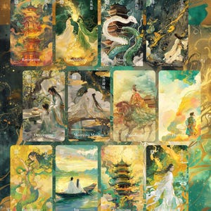 May include: A collection of tarot cards with colorful illustrations. Each card features a unique scene with figures in traditional attire, pagodas, and dragons. The cards have titles like "Revolution," "Establishing," and "Shock."