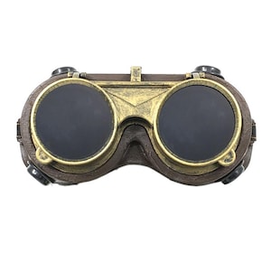 May include: A pair of steampunk-style goggles with round, dark lenses and a gold-toned metal frame. The goggles have a brown leather strap and are made of plastic.
