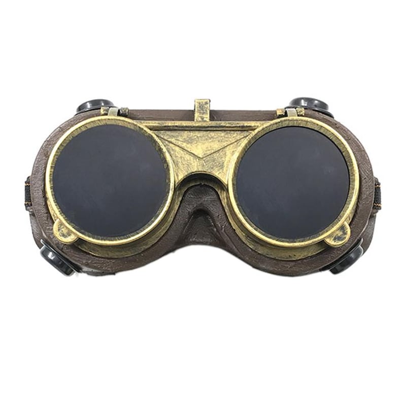 May include: A pair of steampunk-style goggles with round, dark lenses and a gold-toned metal frame. The goggles have a brown leather strap and are made of plastic.