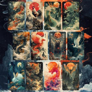May include: A set of twelve rectangular oracle cards featuring artistic illustrations of animals and mythical creatures including a dragon, rooster, bear, crane, rabbit, leopard, and bat, each paired with a red sun and Chinese calligraphy text.