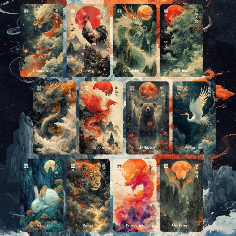 May include: A set of twelve rectangular oracle cards featuring artistic illustrations of animals and mythical creatures including a dragon, rooster, bear, crane, rabbit, leopard, and bat, each paired with a red sun and Chinese calligraphy text.