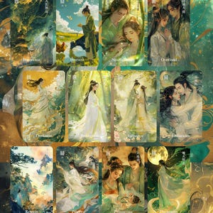 May include: A set of illustrated oracle cards featuring scenes of people in traditional Asian attire. Each card has a unique title, such as "Harvest" and "Darkness", with a corresponding image in shades of green, gold, and white.