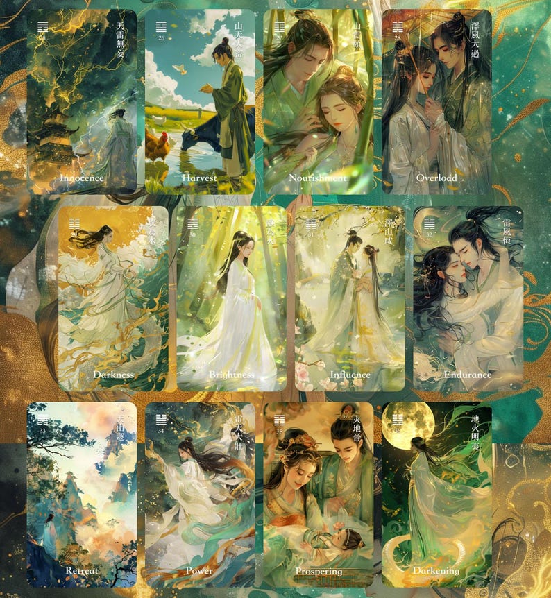 May include: A set of illustrated oracle cards featuring scenes of people in traditional Asian attire. Each card has a unique title, such as "Harvest" and "Darkness", with a corresponding image in shades of green, gold, and white.