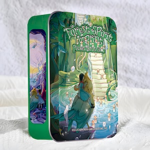 May include: A green metal tin featuring the "Forest Spirit Imprint Pocket Tarot" design. The artwork depicts a person riding a fantastical creature through a forest scene with mushrooms and a winding staircase. The side of the tin shows a similar scene.