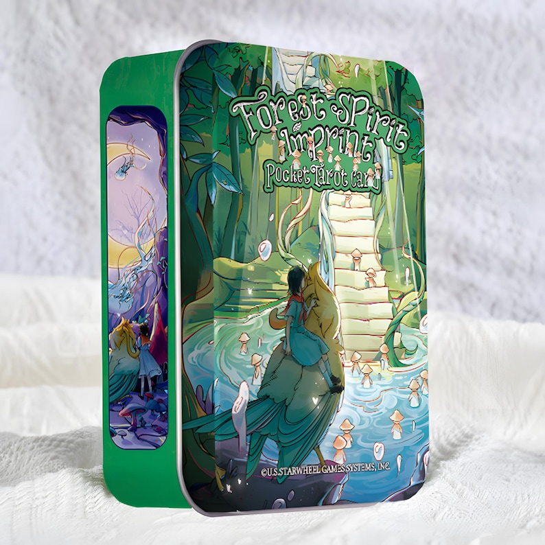 May include: A green metal tin featuring the "Forest Spirit Imprint Pocket Tarot" design. The artwork depicts a person riding a fantastical creature through a forest scene with mushrooms and a winding staircase. The side of the tin shows a similar scene.