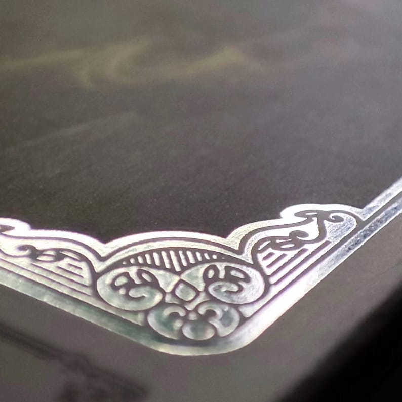 May include: A close-up of a silver-colored decorative border with an intricate design. The border is embossed with a floral pattern and has a raised edge.