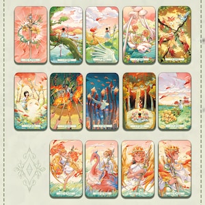 May include: A collection of tarot cards featuring colorful illustrations. Each card displays a unique scene with figures, landscapes, and symbols. The cards have a soft, pastel color palette with detailed artwork, depicting themes of nature and fantasy.