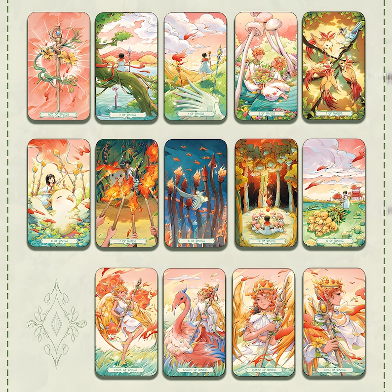 May include: A collection of tarot cards featuring colorful illustrations. Each card displays a unique scene with figures, landscapes, and symbols. The cards have a soft, pastel color palette with detailed artwork, depicting themes of nature and fantasy.