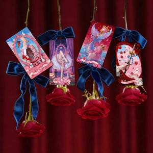 May include: Four tarot cards hanging from long stems, each adorned with a dark blue velvet bow and a deep red rose at the bottom. The cards feature illustrations including a leg in a red shoe, a ballerina, a mermaid, and a hand holding a sword.