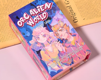 May include: A pink tarot card box with the words "ORG ALIEN WORLD" and "TAROT CARD" in white. The box features an illustration of two anime-style characters and the text "A WONDROUS AND DIVERSE WORLD FULL OF MAGIC, TECHNOLOGY, MYSTICAL RACES AND CREATURES."