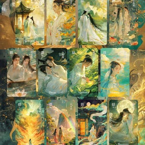 May include: A collection of tarot cards featuring watercolor illustrations of figures in flowing white robes, set against landscapes with soft lighting and ethereal elements. Each card has a title, such as "Fortune" and "Recovery".