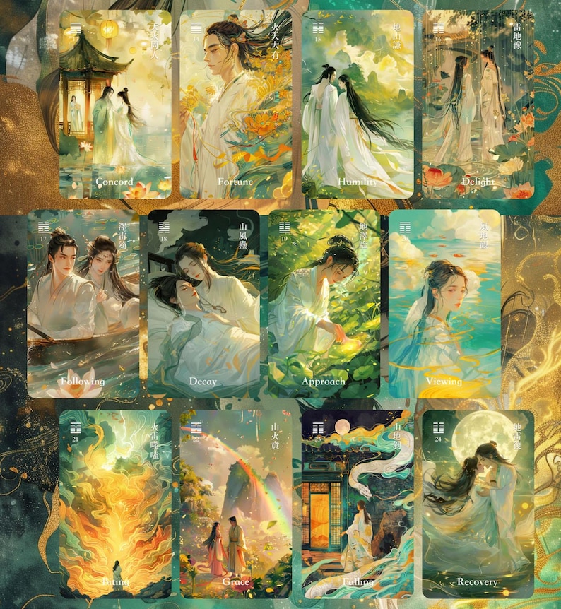 May include: A collection of tarot cards featuring watercolor illustrations of figures in flowing white robes, set against landscapes with soft lighting and ethereal elements. Each card has a title, such as "Fortune" and "Recovery".