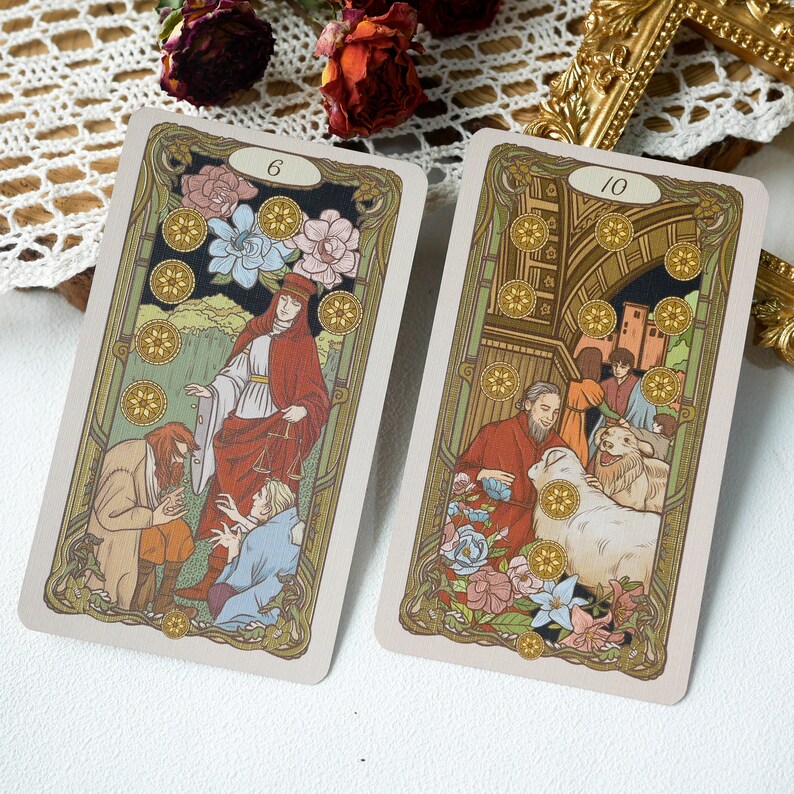 May include: Two tarot cards, one with the number 6 and the other with the number 10. The card with the number 6 shows a woman in a red robe with a scale, and two men in front of her. The card with the number 10 shows a man in a red robe with a staff, a woman in a white robe, and a sheep. Both cards have gold coins around the edges.