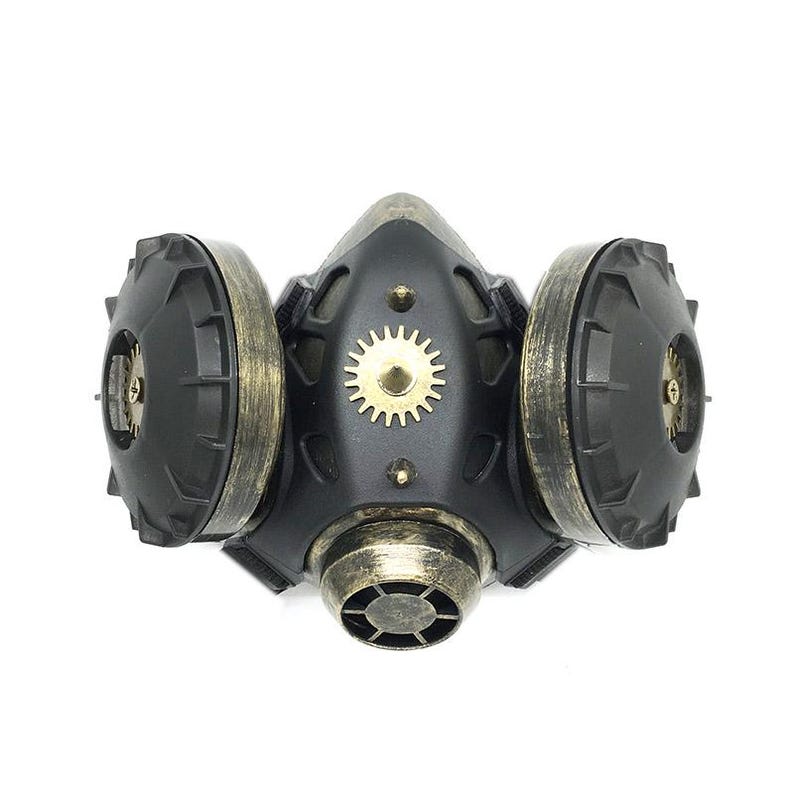 May include: A black and gold steampunk-style gas mask with two round, gear-shaped filters on the sides. The mask has a central, circular, gear-shaped design.