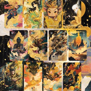 Puede incluir: Un conjunto de doce cartas de tarot con ilustraciones vibrantes. Cada carta presenta un dise&ntilde;o &uacute;nico con figuras, paisajes y texto. La paleta de colores incluye oro, azul, rojo y amarillo, creando una est&eacute;tica m&iacute;stica y art&iacute;stica.