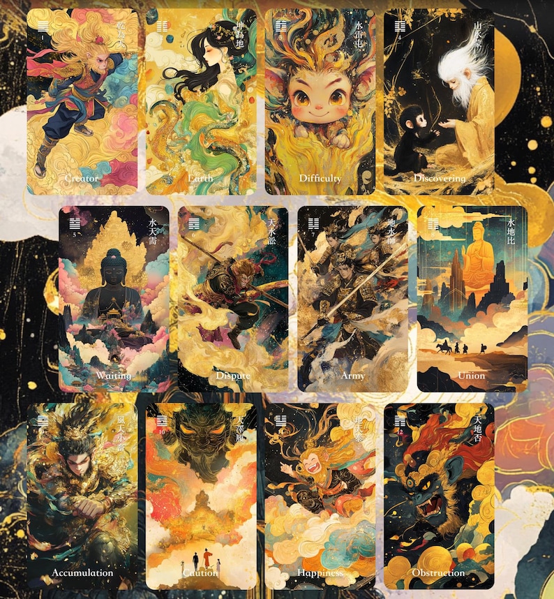 Puede incluir: Un conjunto de doce cartas de tarot con ilustraciones vibrantes. Cada carta presenta un dise&ntilde;o &uacute;nico con figuras, paisajes y texto. La paleta de colores incluye oro, azul, rojo y amarillo, creando una est&eacute;tica m&iacute;stica y art&iacute;stica.
