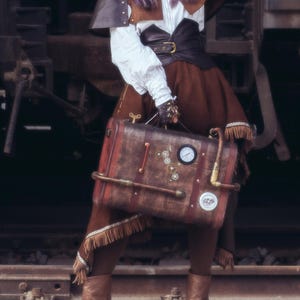 The Boiler Handcrafted Steampunk Travel Suitcase Vintage Luggage Bag with Gears Pipes Gauges Industrial Cosplay Prop Victorian Runaway Bag