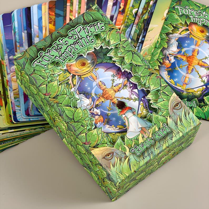 May include: A tarot card deck titled "Forest Spirit Imprint" with a green and white leaf design. The box features a cutout design with a fantasy illustration of a person and celestial elements. A stack of cards is visible.