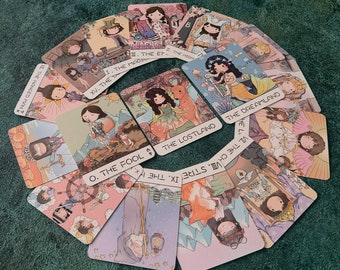 Puede incluir: Una colección de cartas de tarot dispuestas en abanico circular, con ilustraciones en tonos pastel de personajes y criaturas. El texto visible incluye O. THE FOOL, THE LOSTLAND, THE DREAMLAND, I. THE MAGICIAN y III. THE EMPRESS.