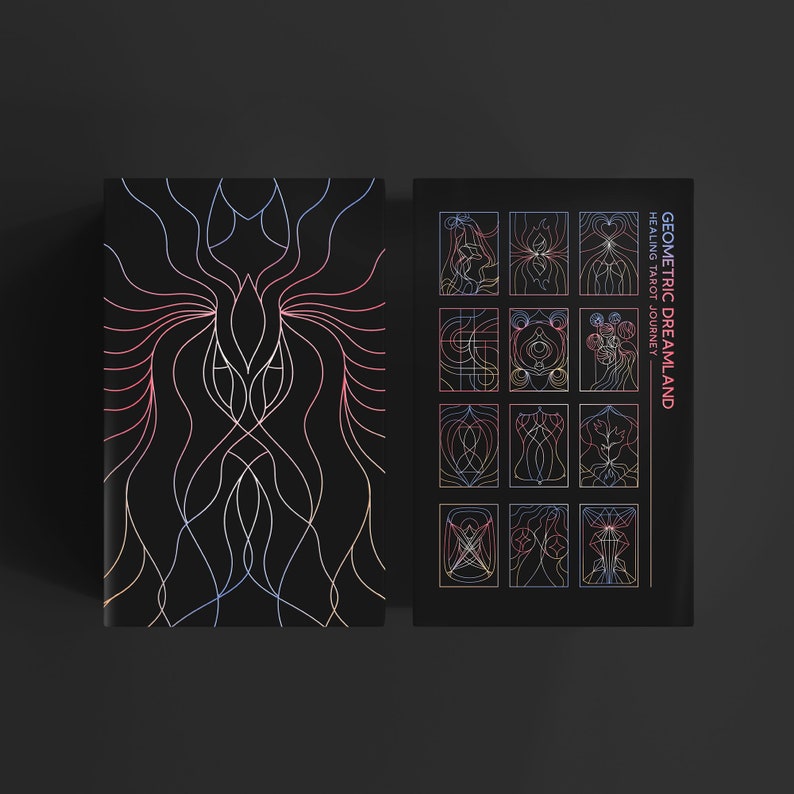 K&ouml;nnte beinhalten: Ein Schwarz-Wei&szlig;-Tarot-Deck mit geometrischen Mustern in Rosa, Blau und Gelb. Das Deck tr&auml;gt den Titel "Geometric Dreamland: Healing Tarot Journey".