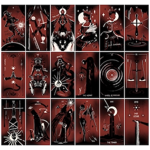 Puede incluir: Un conjunto de 22 cartas de tarot con ilustraciones en blanco y negro sobre fondo rojo. Cada carta presenta obras de arte y texto &uacute;nicos, incluyendo "El Loco", "El Mago", "Los Amantes" y "La Muerte". Las cartas est&aacute;n orientadas verticalmente.