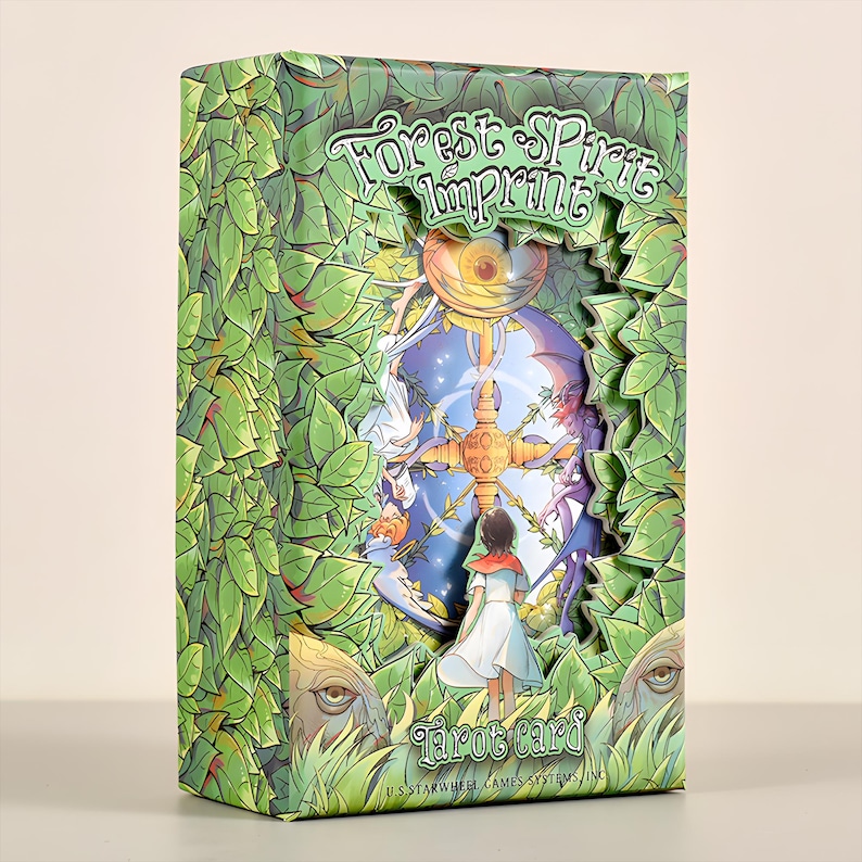 May include: A tarot card box with a green leaf design and the text "Forest Spirit Imprint". The box has a cut-out revealing a colorful illustration of a woman and mystical figures. The words "Tarot card" are also visible.