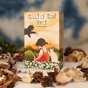 May include: A tarot card box with the title "Seed of Soul Tarot" and artwork featuring a girl, a white cat, and a black cat with wings. The background shows a sunset over green hills and a field of white flowers.