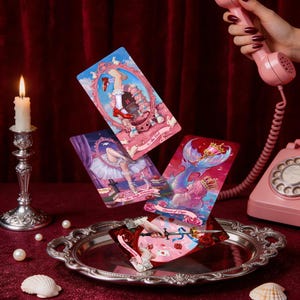 May include: Four tarot cards featuring vibrant illustrations of legs, a mermaid, and a sword are suspended above a silver tray. The cards are titled 0. The Fool, 2. The High Priestess, Queen of Cups, and Ace of Swords, showcasing detailed fantasy artwork.