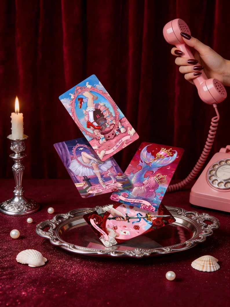 May include: Four tarot cards featuring vibrant illustrations of legs, a mermaid, and a sword are suspended above a silver tray. The cards are titled 0. The Fool, 2. The High Priestess, Queen of Cups, and Ace of Swords, showcasing detailed fantasy artwork.