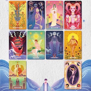 K&ouml;nnte beinhalten: Ein Satz Tarotkarten mit farbenfrohen Illustrationen. Jede Karte zeigt einzigartige Kunstwerke und Titel wie "Der Geh&auml;ngte", "Der Tod" und "Der Teufel". Die Karten haben ein mystisches Thema mit verschiedenen Figuren und Symbolen.