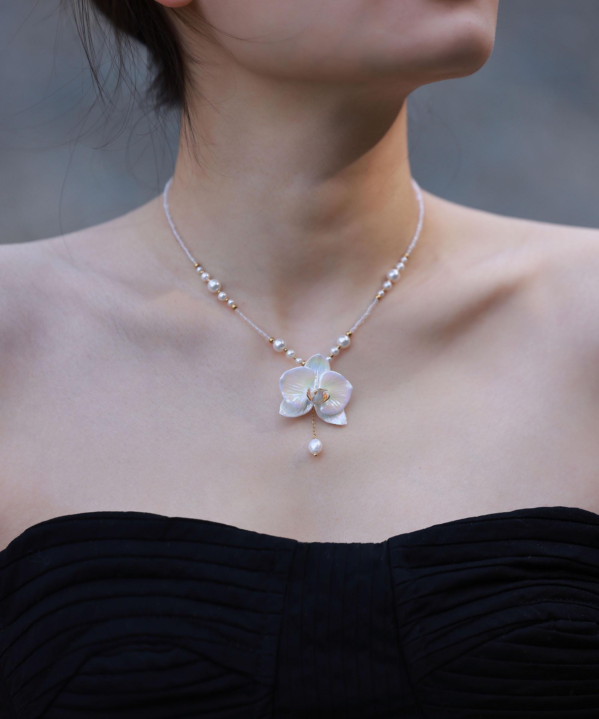 YIHE 陶器アクセサリー「胡蝶蘭」ペンダントネックレス ハンドメイド