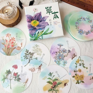 May include: A set of herbal inspiration cards with watercolor illustrations of flowers and plants. The cards are round and feature botanical drawings and text. A box with the words "Herbal Inspiration Cards" is also present.