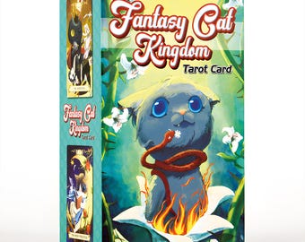 May include: A Fantasy Cat Kingdom Tarot Card box. The box features a cartoon cat with large blue eyes, a red snake, and flames. The box has the words "Fantasy Cat Kingdom Tarot Card" in a whimsical font. The background is a mix of green and white.