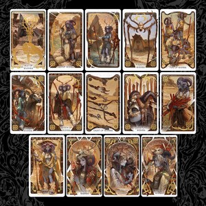 May include: A set of illustrated tarot cards with fantasy themes. Each card displays a unique design with detailed artwork, including figures with horns, weapons, and natural elements. The cards are framed with gold borders and decorative elements.