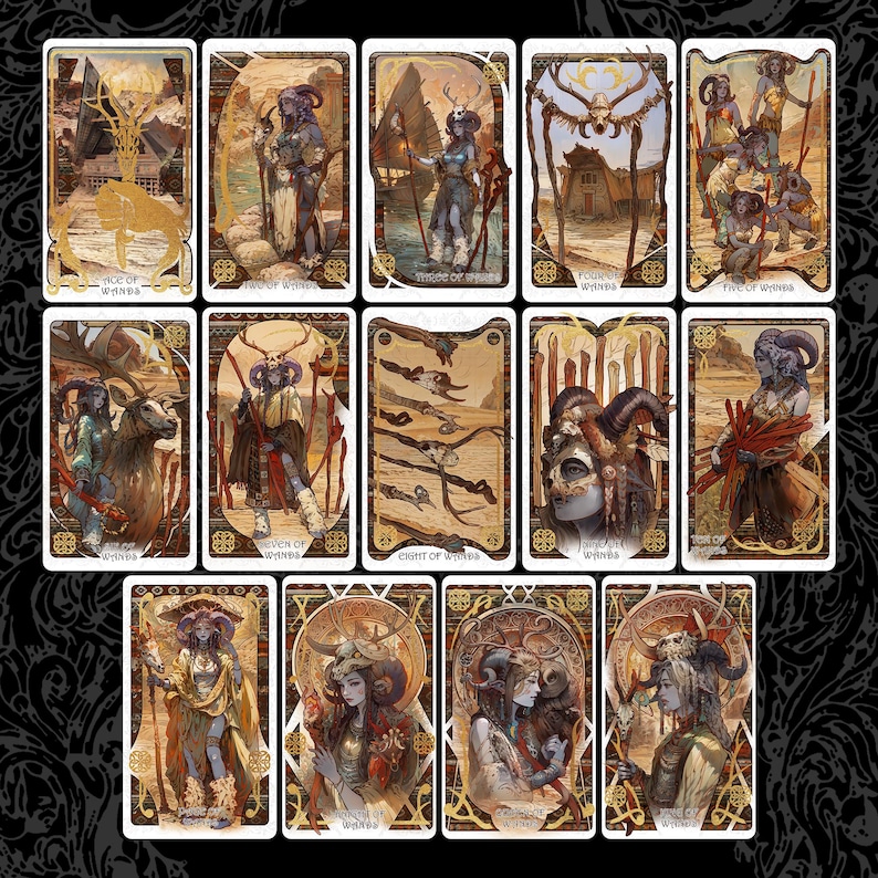 May include: A set of illustrated tarot cards with fantasy themes. Each card displays a unique design with detailed artwork, including figures with horns, weapons, and natural elements. The cards are framed with gold borders and decorative elements.