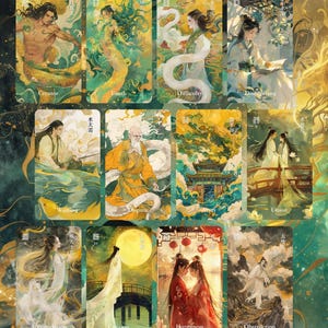 May include: A set of illustrated tarot cards with a fantasy theme. Each card features a unique character or scene in shades of green, gold, and other colors. The cards have titles such as "Creator," "Earth," and "Happiness."