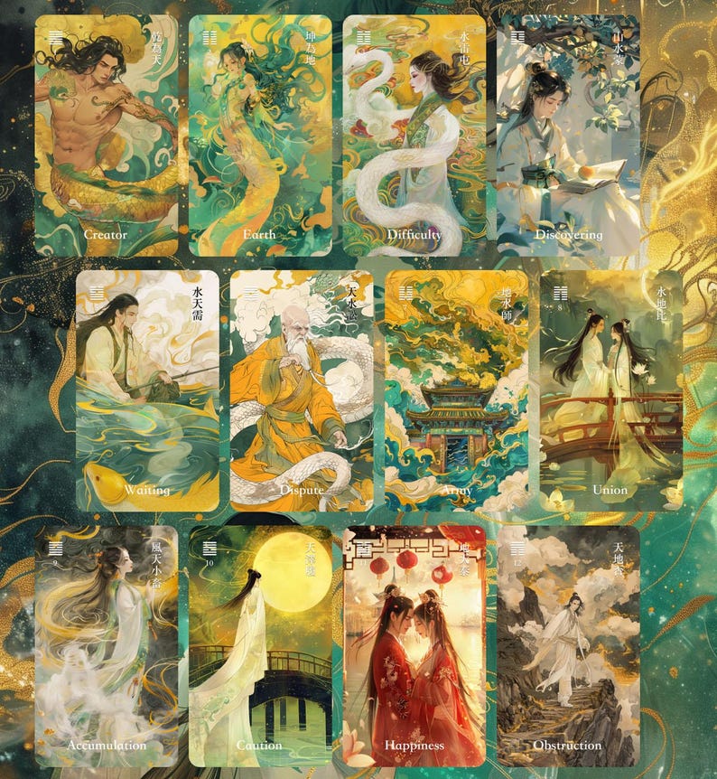 May include: A set of illustrated tarot cards with a fantasy theme. Each card features a unique character or scene in shades of green, gold, and other colors. The cards have titles such as "Creator," "Earth," and "Happiness."